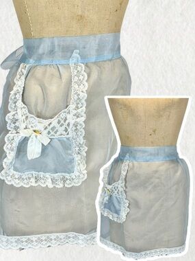 VINTAGE MCM hostess apron sheer baby blue frilly lace satin bow tie back 60s 50s